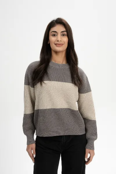 MELA MELA Damen vegan Strickpullover Rib Adah Stripes Bear Melange/Pebble Melange