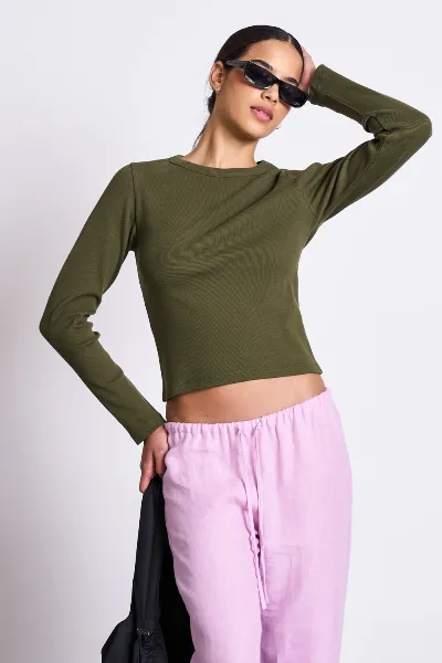 JAN N JUNE JAN 'N JUNE Damen vegan T-Shirt Langarm Rippe Muri Dark Olive