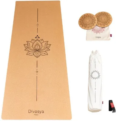 Divasya Divasya Yoga Komfort-Set: Yogamatte aus Kork & Naturkautschuk inklusive 2 Kniepads (Lotus / Pure)