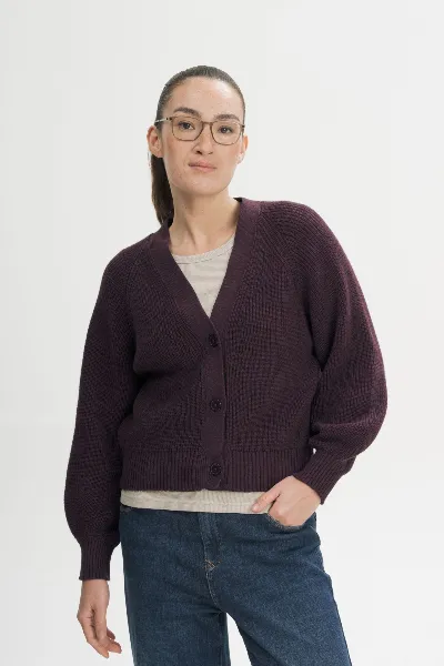 MELA MELA Damen vegan Strickjacke Aus Rippstrick Bhuma Elderberry Melange