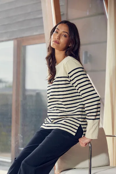LAURIE LAURIE Damen vegan Top Gabrielle Breton Ls Black Birch Stripe