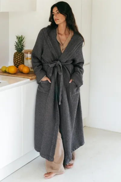 AmourLinen AmourLinen Damen vegan Bademantel Waffel Snuggle Holzkohle