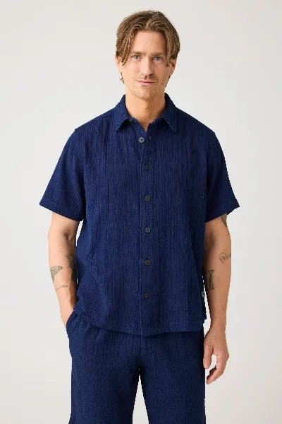 KnowledgeCotton Apparel KnowledgeCotton Apparel Herren vegan Hemd Relaxed Kurzarm Indigo