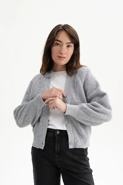 MELA MELA Damen vegan Rippenstrickjacke Bhuma Grau Melange