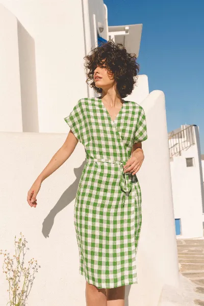AmourLinen AmourLinen Damen vegan Wickelkleid Olivia Grün Gingham