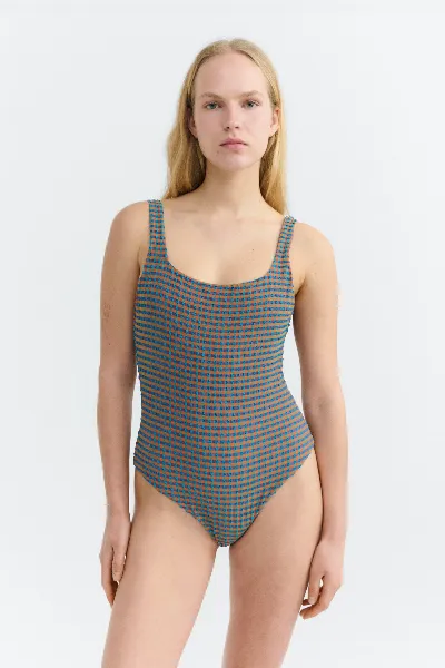 thinking mu Thinking MU Damen vegan Badeanzug Amalfi Seersucker Orange/ Blau