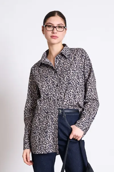 JAN 'N JUNE Bluse Oversized Mamro Leo Print Braun