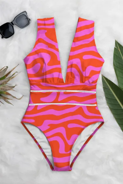 Averie Averie Damen vegan Badeanzug Deep Plunge One Piece Ruby Pink Zebra