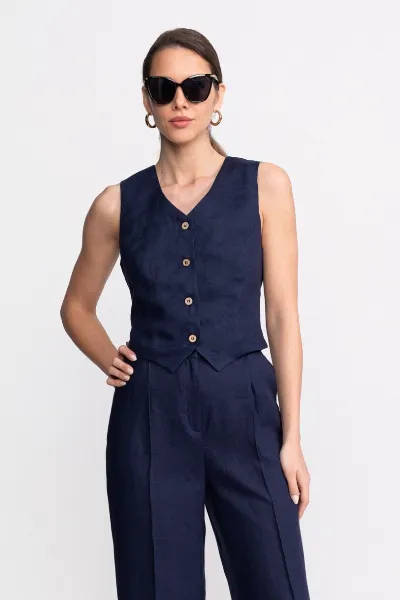 De IONESCU De IONESCU Damen vegan Weste Figa Leinen Marineblau