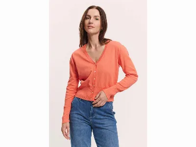 tranquillo tranquillo Bio-Damen-Cardigan Linaa mit Zierkante am V-Ausschnitt, camellia orange,