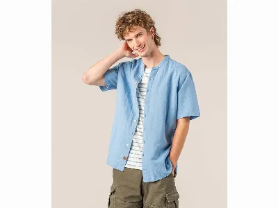 Living Crafts Living Crafts Herren-Hemd RUBEN mit Mandarin-Kragen, ozean,