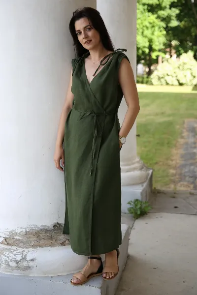 Amber Linen Amber Linen Damen vegan Wickelkleid Dubai Waldgrün