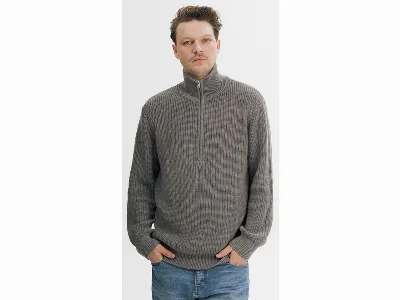 MELA MELA Bio-Unisex-Rippstrick-Troyer 'UDAI' mit Reißverschlusskragen, bear melange,