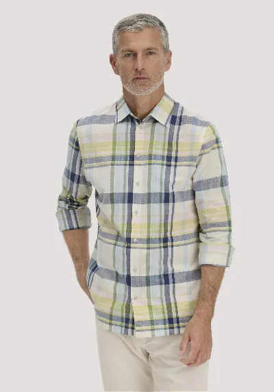 hessnatur hessnatur Herren Karo Hemd Regular aus Bio-Baumwolle mit Leinen - blau - Größe L (41/42)