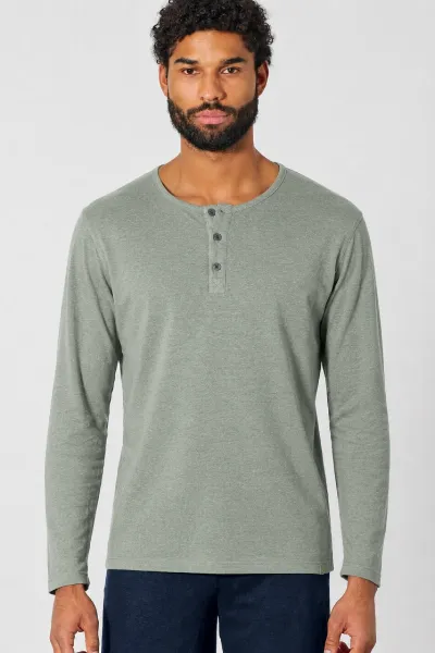 HempAge Hempage Herren vegan Langärmliges Henley Shirt Aus Gebürstetem Stoff Thymian
