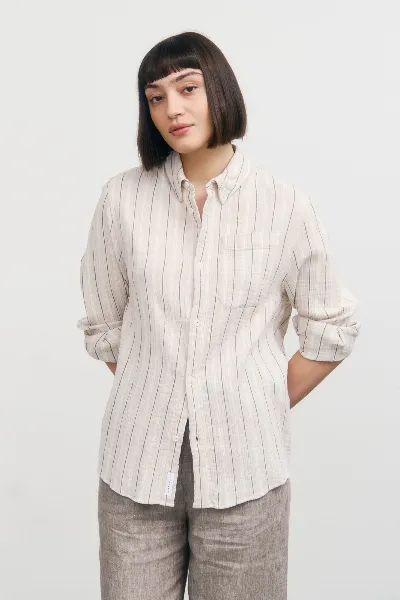 Rotholz Rotholz Damen vegan Hemd Musselin Beige Gestreift