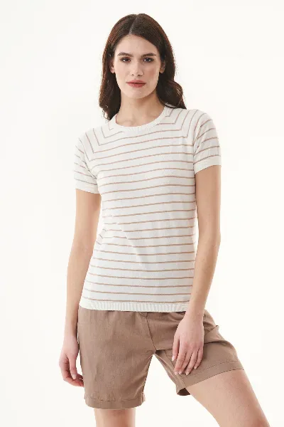 ORGANICATION ORGANICATION Damen vegan T-Shirt Mit Streifen Feinstrick Beige & Off White