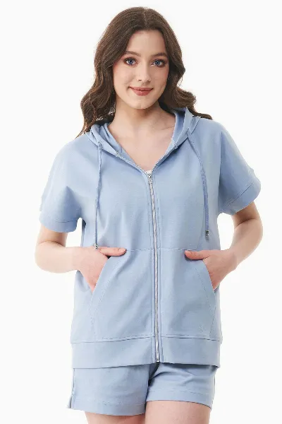ORGANICATION ORGANICATION Damen vegan Hoodie Full-Zip Short-Sleeved Lightweight Eisblau