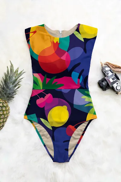 Averie Averie Damen vegan Badeanzug Zip Up One-Piece Kylie Lush Tropic Print
