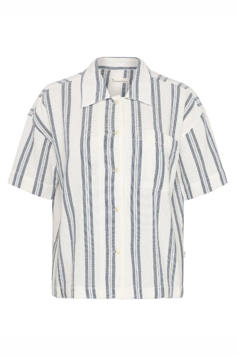 KnowledgeCotton Apparel Hemd Striped Short Sleeved Blau