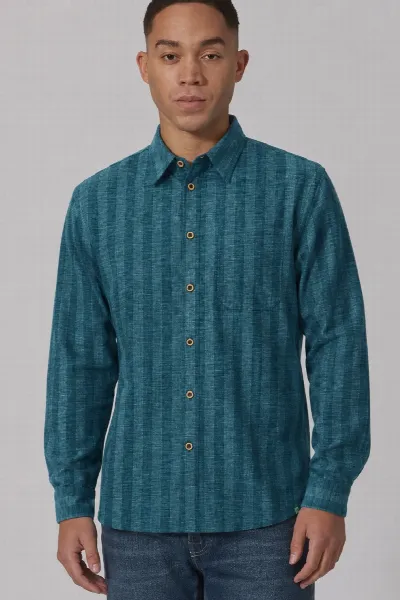 HempAge Hempage Herren vegan Hemd Striped Casual Petrol
