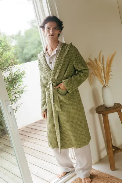 AmourLinen AmourLinen Herren vegan Bademantel Waffel Leinen Moosgrün