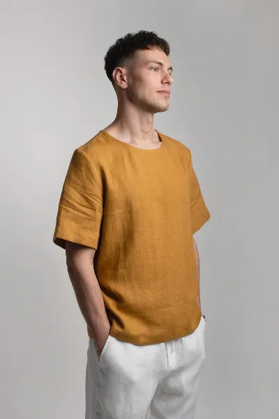 Amber Linen Amber Linen Herren vegan T-Shirt Panama Senfgelb