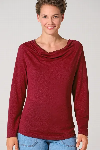 HempAge Hempage Damen vegan Top Mit Langen Ärmeln Und Wasserfallausschnitt, Rubin