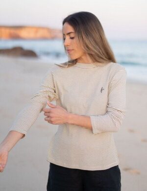 FUXBAU Frauen Fitted Stehkragen Longsleeve – creme braun gestreift