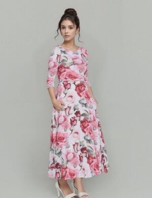 Ingoria AMELIA zeitloses Maxi-Wendekleid mit Taillenschnürung 3/4 Arm (Print)