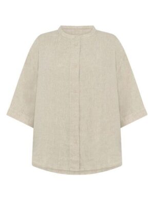 KnowledgeCotton Apparel Lockere Hemdbluse mit 3/4 Arm und Stehkragen aus Bio-Leinen