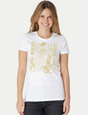 Peaces.bio – handbedruckte Biomode Damen Fit T-Shirt Sonnenscheibe Aton