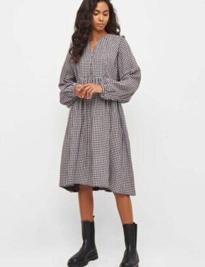 KnowledgeCotton Apparel Small Check A-Shape Midi Dress – aus Bio-Baumwollmix
