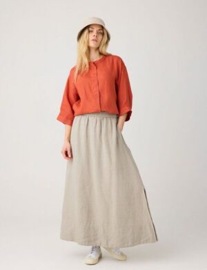 KnowledgeCotton Apparel Lockere Hemdbluse mit 3/4 Arm und Stehkragen aus Bio-Leinen