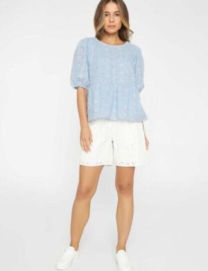 KnowledgeCotton Apparel Bluse Broderie Anglaise mit Puffärmeln aus Baumwoll-Leinenmix