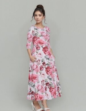 Ingoria AMELIA zeitloses Maxi-Wendekleid mit Taillenschnürung 3/4 Arm (Print)