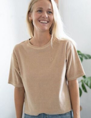 FUXBAU Frauen Cropped Samt T-Shirt – beige gelb geriffelt