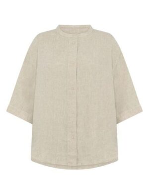 KnowledgeCotton Apparel Lockere Hemdbluse mit 3/4 Arm und Stehkragen aus Bio-Leinen
