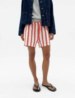 thinking mu Geranio Shorts - Red Maxi Stripes - Damen Shorts aus Bio-Baumwolle