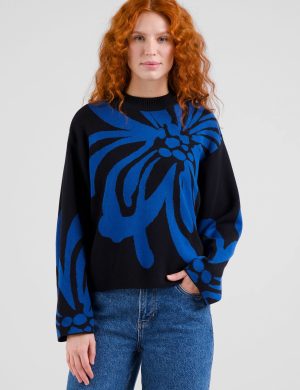 Strickpullover Limhamn Big Flower Schwarz