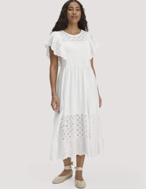 hessnatur Damen Boho Jersey Kleid Midi Relaxed aus Bio-Baumwolle - weiß