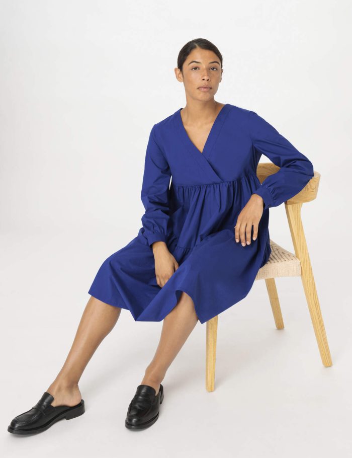 hessnatur Damen Brushed Popeline Kleid Mini Relaxed aus Bio-Baumwolle - blau
