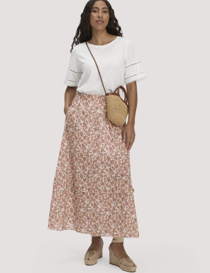 hessnatur Damen Gewebe Print Rock Maxi aus Bio-Baumwolle - beige