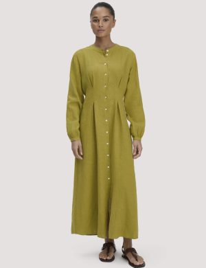 hessnatur Damen Hemdblusenkleid mit Taillierung Maxi aus Bio-Baumwolle mit Leinen - grün