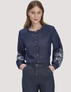 hessnatur Damen Jeans Bluse Embroidery Relaxed aus Bio-Baumwolle - blau