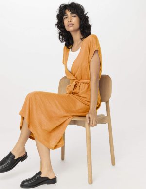 hessnatur Damen Jersey Kleid Midi Relaxed aus Leinen - orange