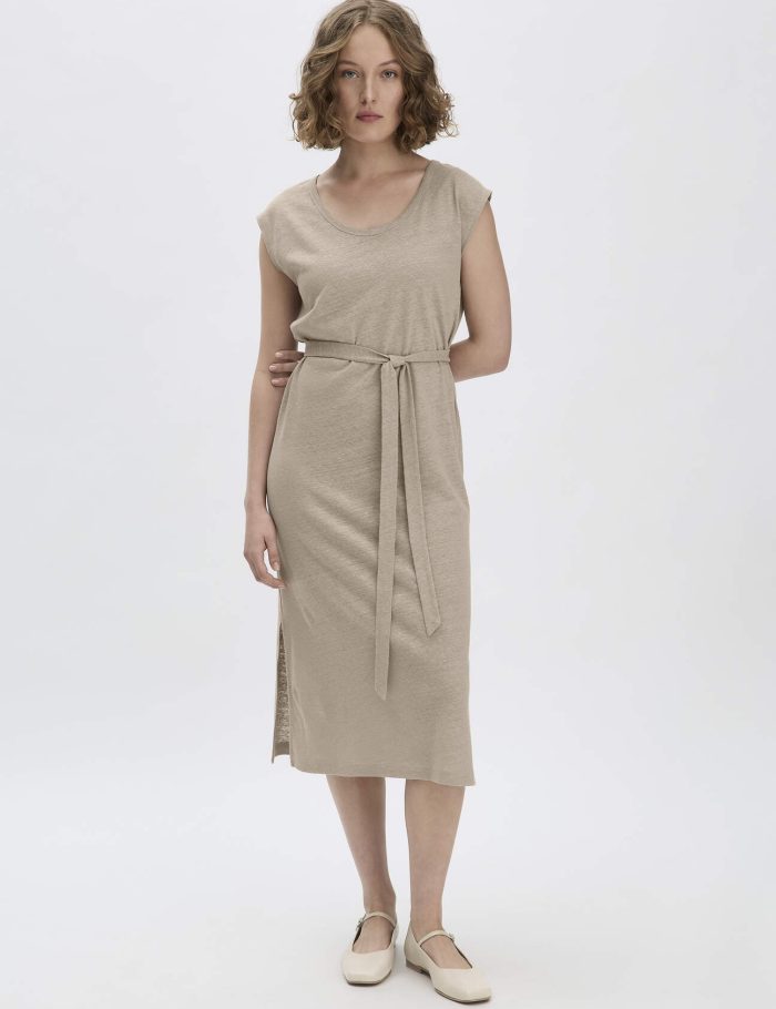 hessnatur Damen Jersey Kleid Midi Relaxed aus Leinen und Bio-Baumwolle - beige
