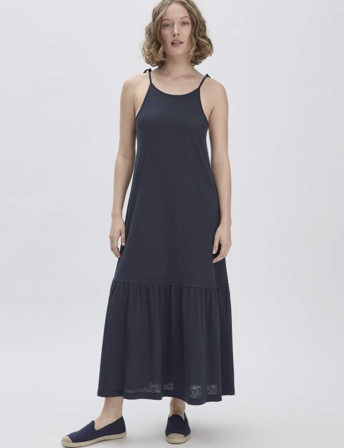 hessnatur Damen Jersey Kleid Midi Relaxed aus Leinen und Bio-Baumwolle - blau