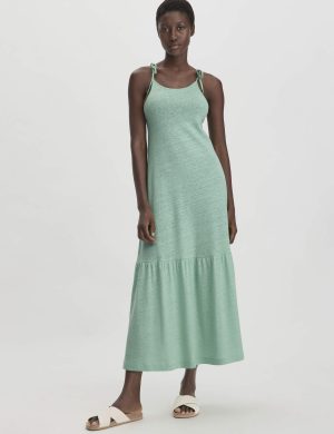 hessnatur Damen Jersey Kleid Midi Relaxed aus Leinen und Bio-Baumwolle - grün