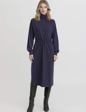 hessnatur Damen Jersey Kleid Midi Relaxed aus TENCEL™ Lyocell mit Bio-Baumwolle - blau